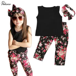 Летний повседневный комплект для маленьких девочек с цветочным принтом (3 предмета) комплекты одежды для детей костюм без рукавов с лентой