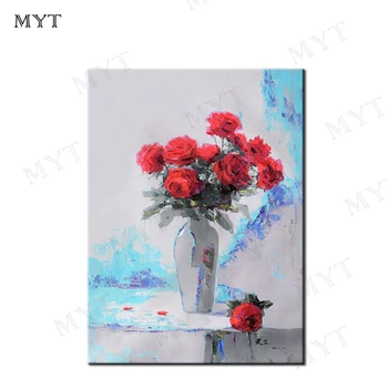 

MYT Free Shipping Hot Sale Oil Painting on Canvas Modern Abstract Red Flowers In Vase Wall Art Artwork for Living Room Unframe