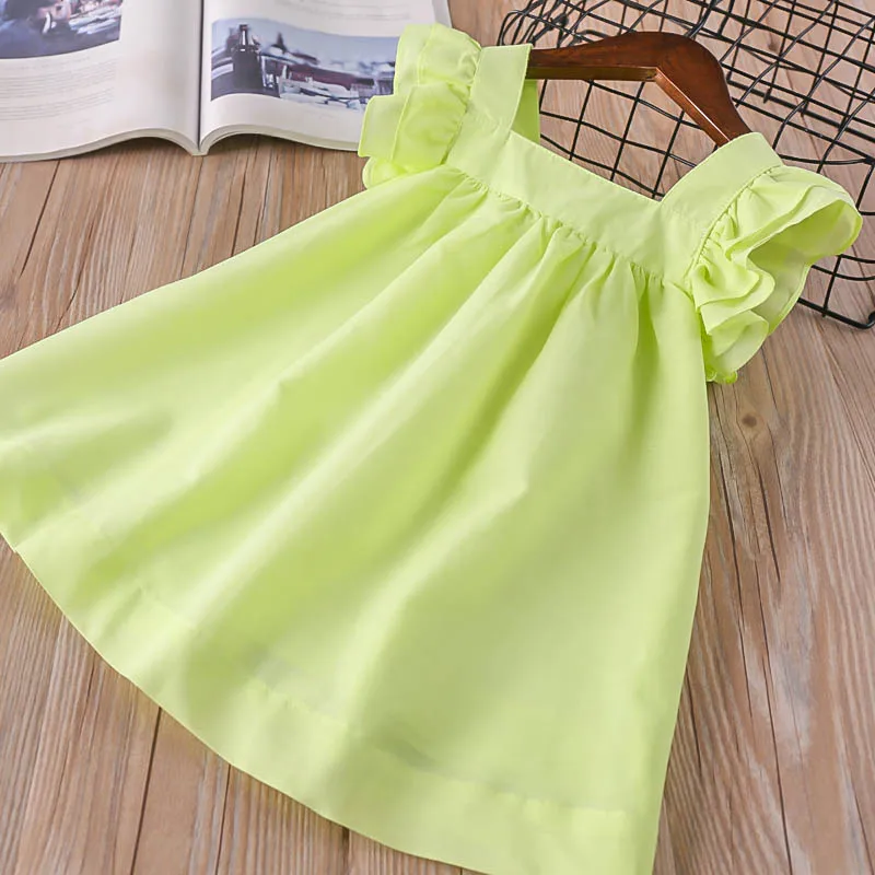 

Hurave sundress Kids crew neck causal ruffles Baby Girls solid Dress Clothes Children shorts Sleeve high quality Dresses