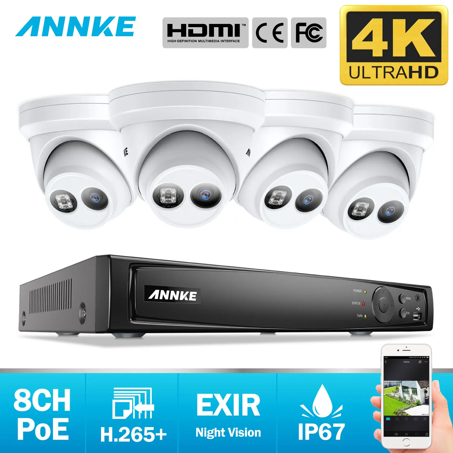 

ANNKE 8CH 4K Ultra HD POE Network Video Security System 8MP H.265+ NVR With 4pcs 8MP Weatherproof IP Camera Support 128G TF Card