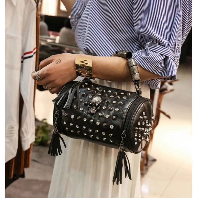 Women Tassels Shoulder Bag Hob-Nail Messenger Travel Bag Punk Crossbody Handbag Skull Decor For Party Dating Commuting