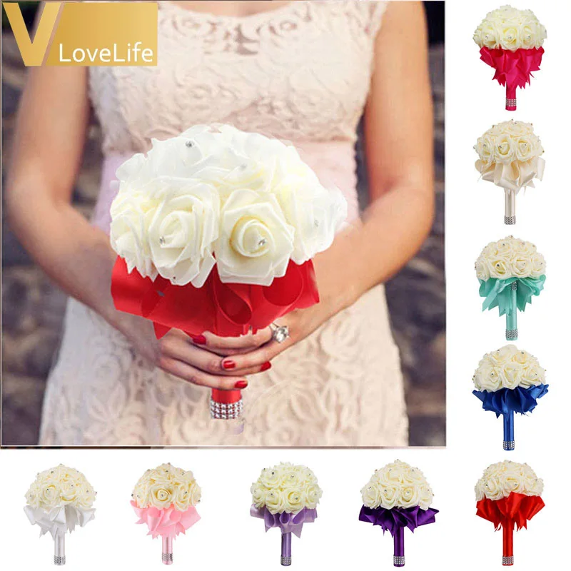Satin Rose Wedding Bouquet Bridal Bridesmaid Aartificial Flower Ribbon Pearl New