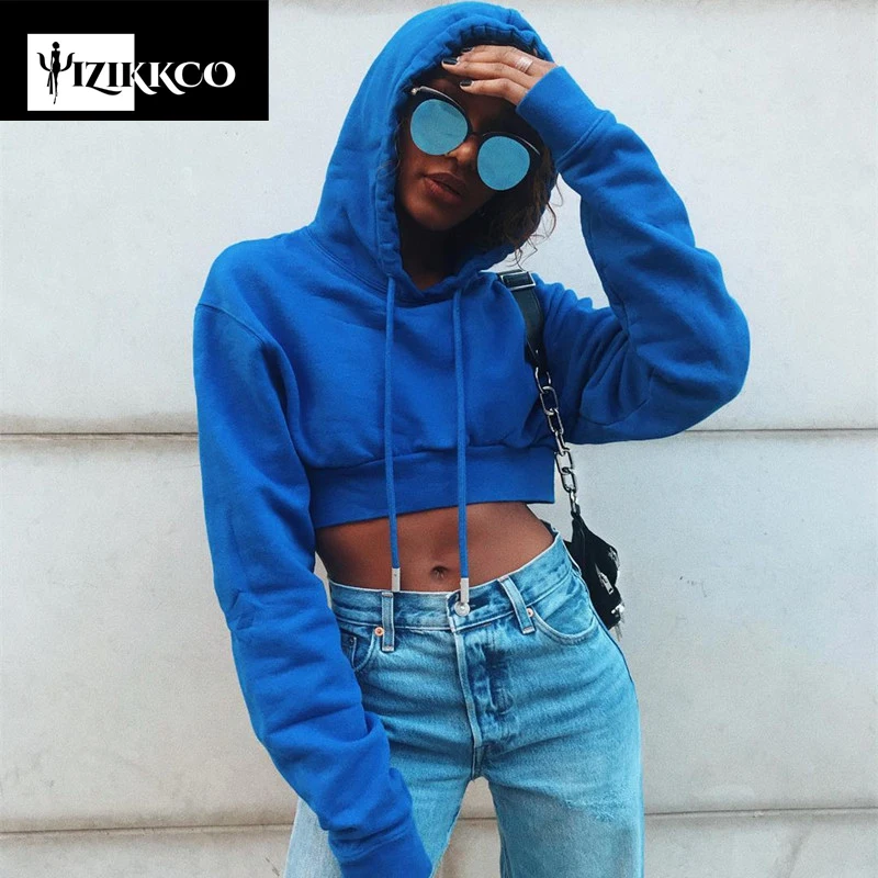 2018 primavera corta Sudaderas mujeres azul manga larga