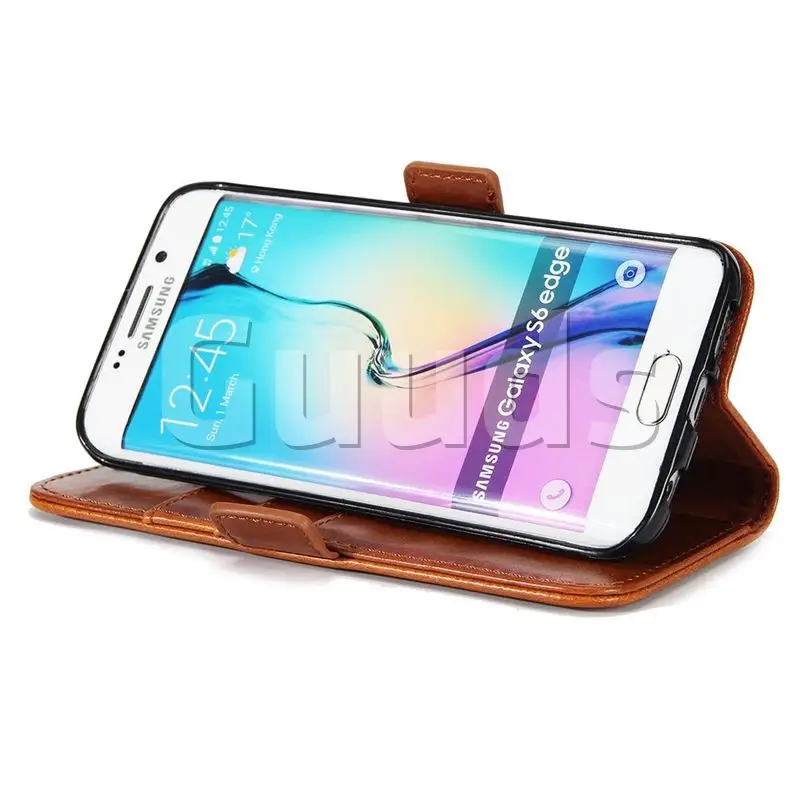 Luxury Crazy Horse PU Leather Wallet Case for Samsung Galaxy S6 Edge G925 - Brown