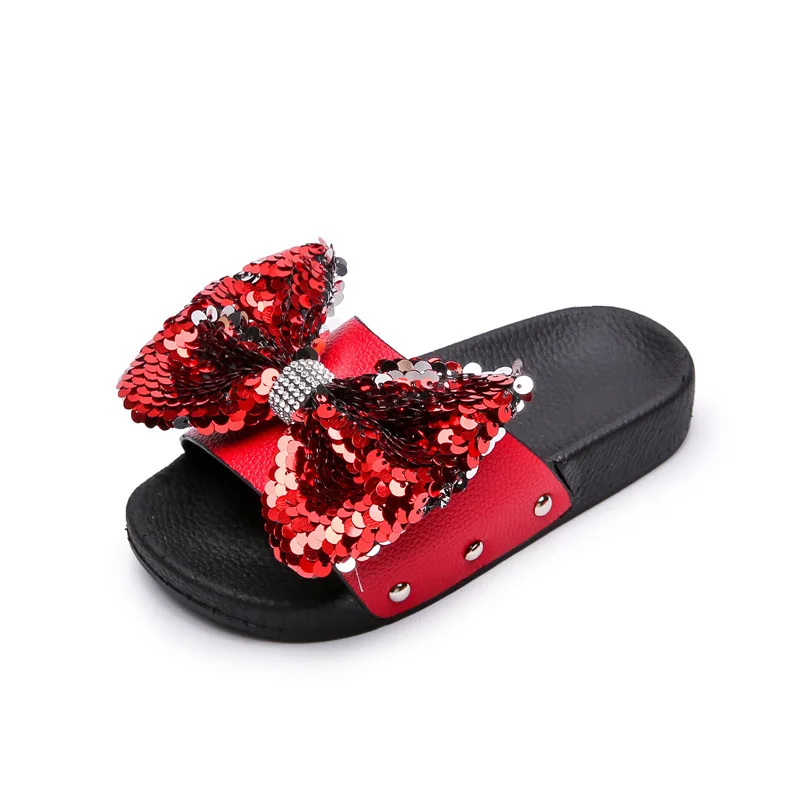 Летние тапочки для девочек детская пляжная обувь детские тапочки Детская домашняя обувь из Искусственного хрусталя с бантом и заклепками от 3 до 14 лет - Цвет: red rough