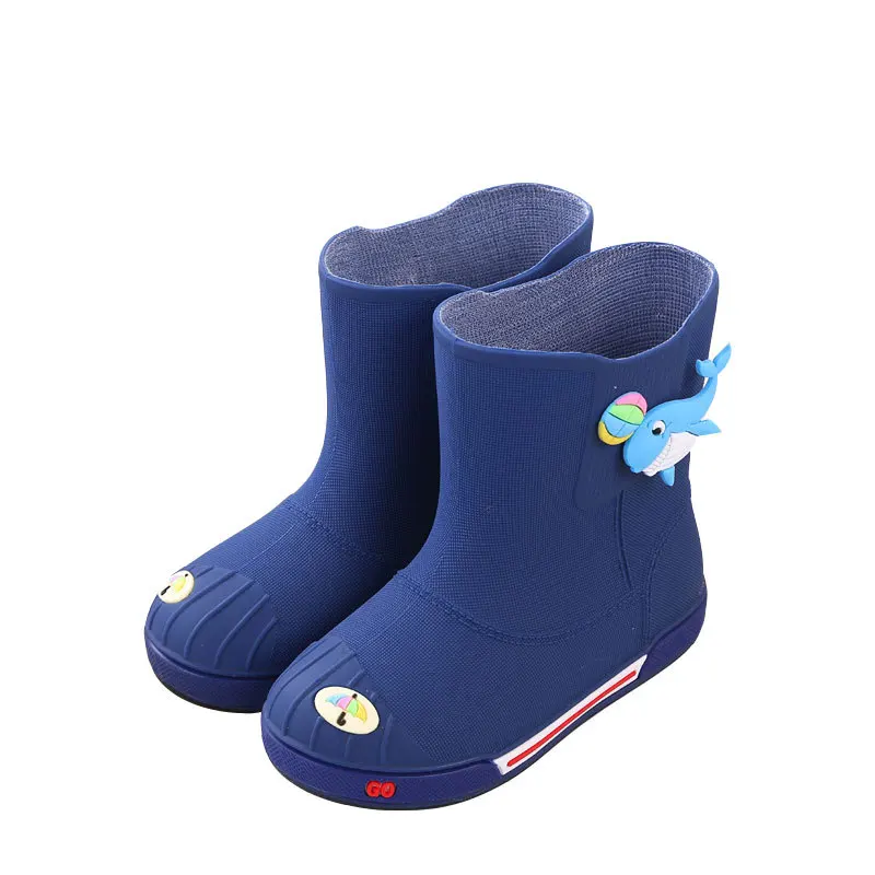 Детская непромокаемая обувь с героями мультфильмов для начальной школы; всесезонные непромокаемые сапоги; нескользящая водонепроницаемая обувь для мальчиков и девочек от 2 до 8 лет - Цвет: dark blue thin