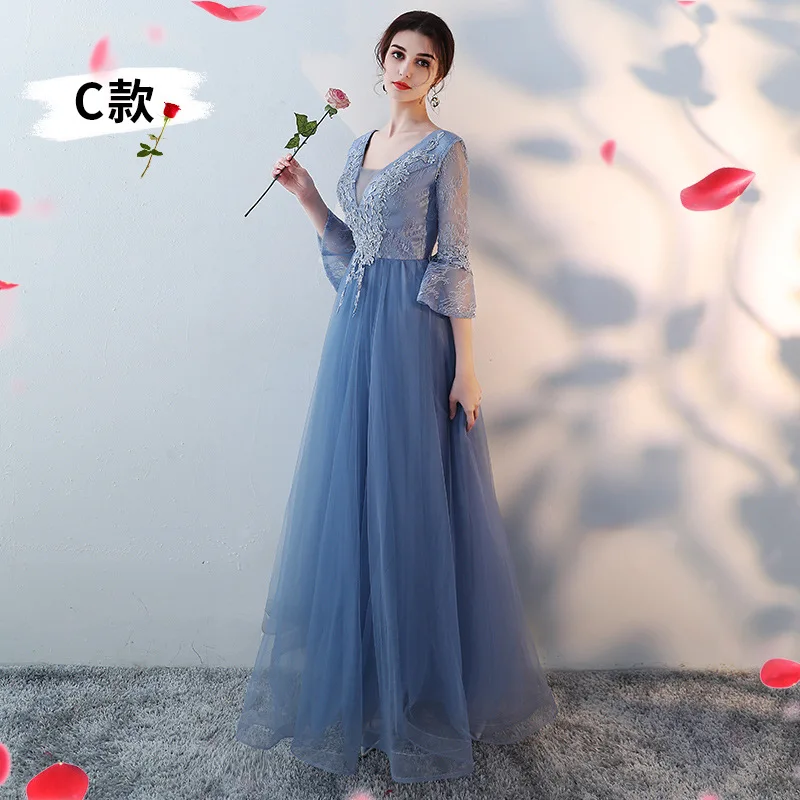 Новое Элегантное платье подружки невесты синее длинное Бордовое платье подружки невесты и светоотражающие Платья для особых случаев - Цвет: Blue-C-Long