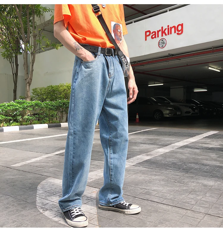 2019 весенние брюки Пара Твердые Цвет джинсы мужские Высокая Талия нейтральный японский оригинальные свободные большие размеры брюки синий