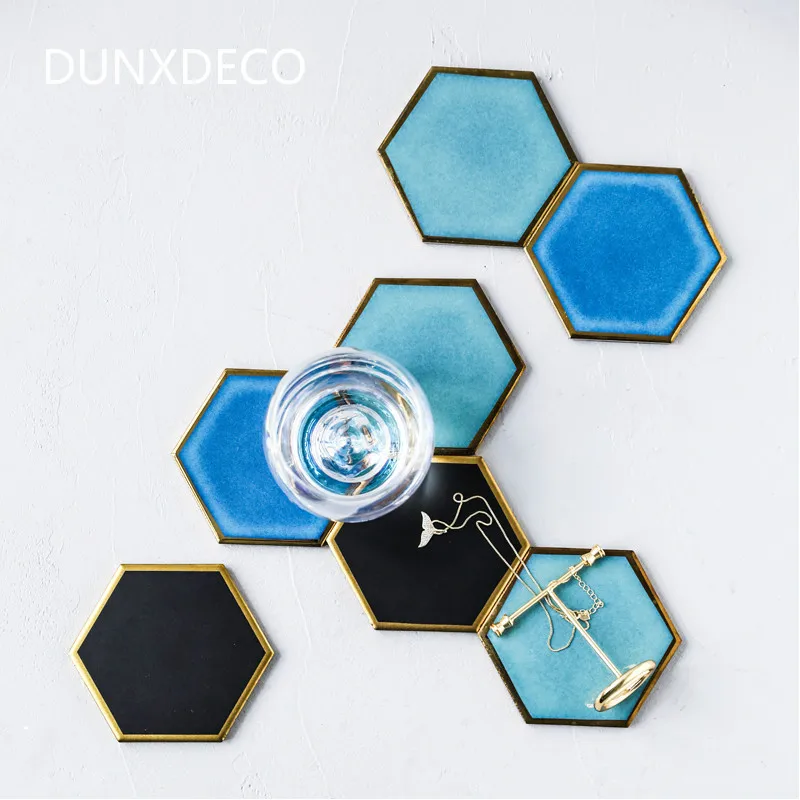 

DUNXDECO Table Placemat Coffee Cup Pad Ceramic Coaster Hexagon Mat Modern Golden Border Blue Art Desk Decoration Photoing Props