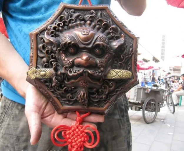 

free 10"Chinese Folk Refined Red Bronze Carved Evil Foo Dog Lion Head Door knocker fast