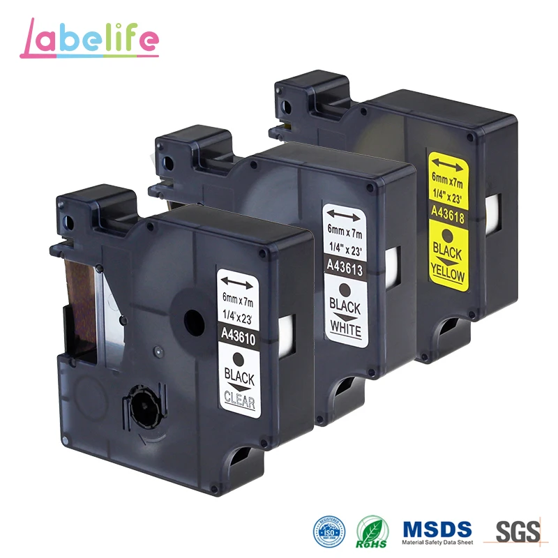 3 упаковки комбо 6 мм DYMO D1 43610 43613 43618 Черный Принт на прозрачной белой желтой
