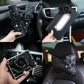 

Camellia Black Flower Car Steering Wheel Cover Leather Car Neck Waist Pillow Universal Car Styling Headrest Cushion Women