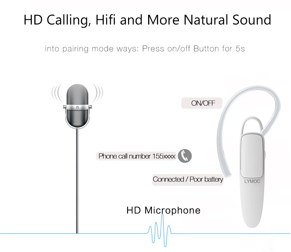 LYMOC мини бизнес гарнитура в ухо беспроводные наушники стерео HD микрофон громкой связи с музыкальным плеером для iPhone Android телефон