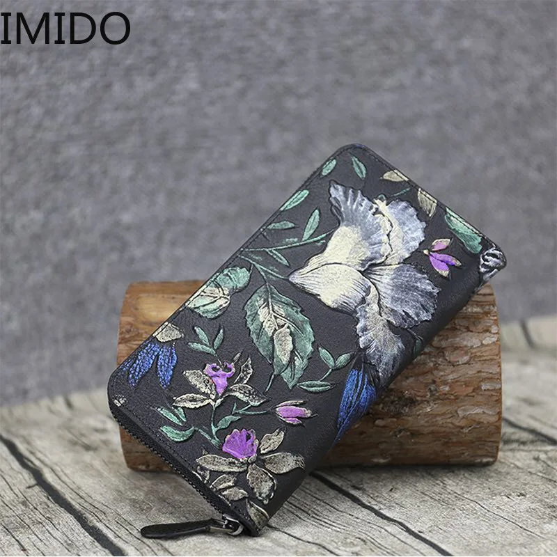 

IMIDO 2019 New National Wind Leather Hand Bag Fashion Zipper Designer Wallets Famous Brand Women Wallet Fashion Luxury Travel