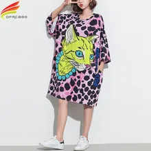 Plus Size Loose Dress Women 2017 Summer Kawaii Fashion Cartoon Cat Print Tshirt Dresses Leopard Knee-Length Ladies Midi Vestidos