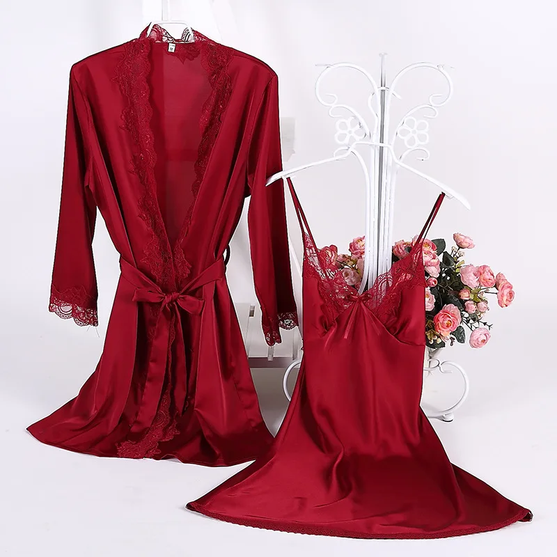 Luxury Spring Summer Sexy Silk Like Lace Bathrobes Night Dress Two