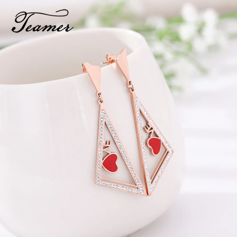 

Teamer 2019 Love Heart Drop Earrings Stainless Steel Crystal Enamel Earrings Girl Triangle Geometric Korean Jewelry Bijoux Gift