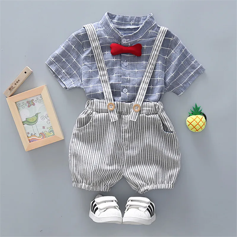 Hurave bow Gentleman clothes Plaid blouses + overalls suits for kids summer infant sets boutique outfits Baby boys clothes