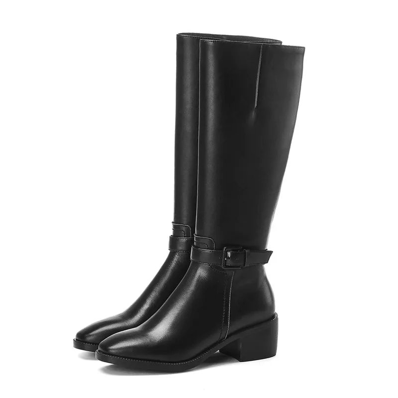 MoonMeek big size 34-43 fashion knee high boots round toe square heel genuine leather boots zip autumn winter boots women