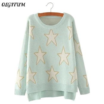 

Hot Sale Women Pullovers 2019 Fashion Round Neck Sweater Tops Bright Stars Pattern Hem Split Fork Pullover Lady Knitted Sweater