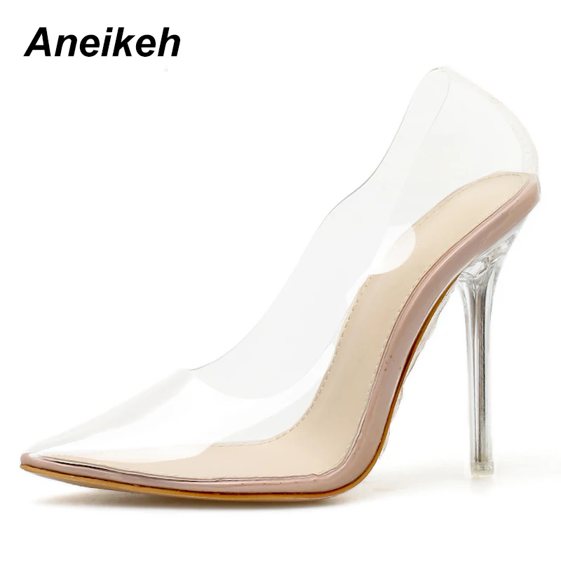 Aneikeh Spring Summer Clear Plastic Transparent PVC Pump Club Party Shoes Fashion Sexy Party Fine Heel Female High Heels Shoes