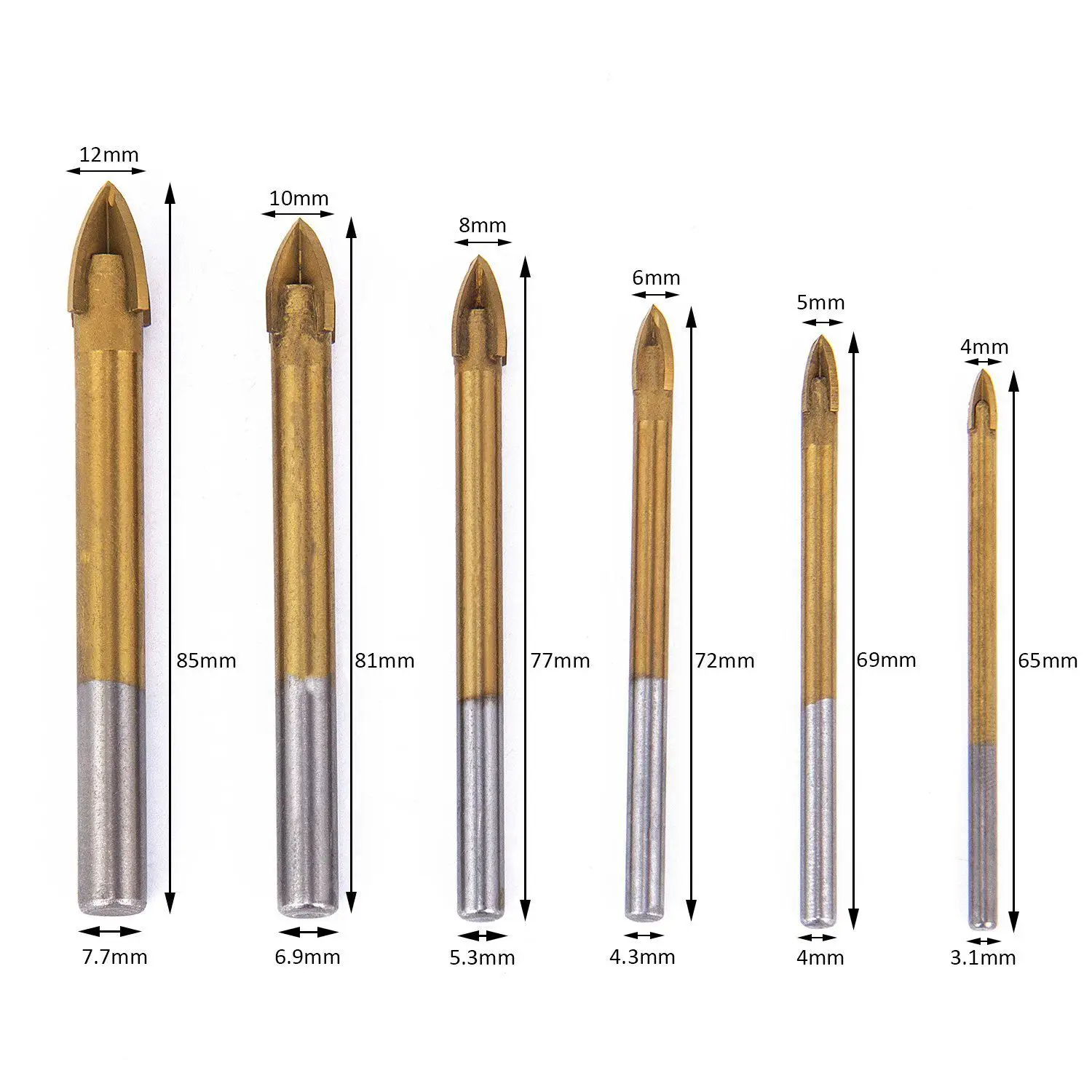 6pcs Titanium Coated Glass Drill Bits Set Edges Cross Spear Head Drill With Hex Shank For Ceramic Tile Marble Mirror 6pcs Titanium Coated Glass Drill Bits Set Edges Cross Spear Head Drill With Hex Shank For Ceramic Tile Marble Mirror
