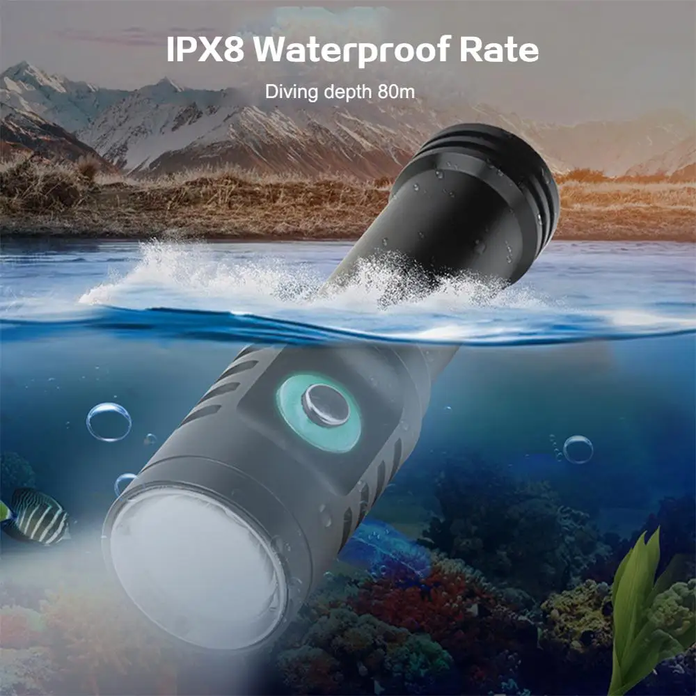 Подводный Дайвинг вспышки светильник фонарь Cree XM L2 светодиодный вспышка светильник подводный 80 м Водонепроницаемый светодиодный погружения светильник с 18650 батарея