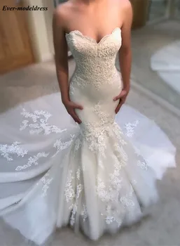 

2019 Mermaid Vestido De Novia Sweetheart Appliques Lace-Up Back Sweep Train Elegant Wedding Dresses Bridal Gowns Maxi Customized