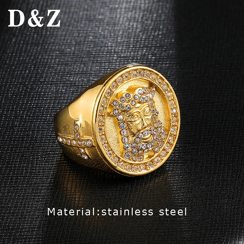 D&Z Ins Iced Out Bling CZ христианское кольцо для лица Иисуса мужчин золотого цвета из