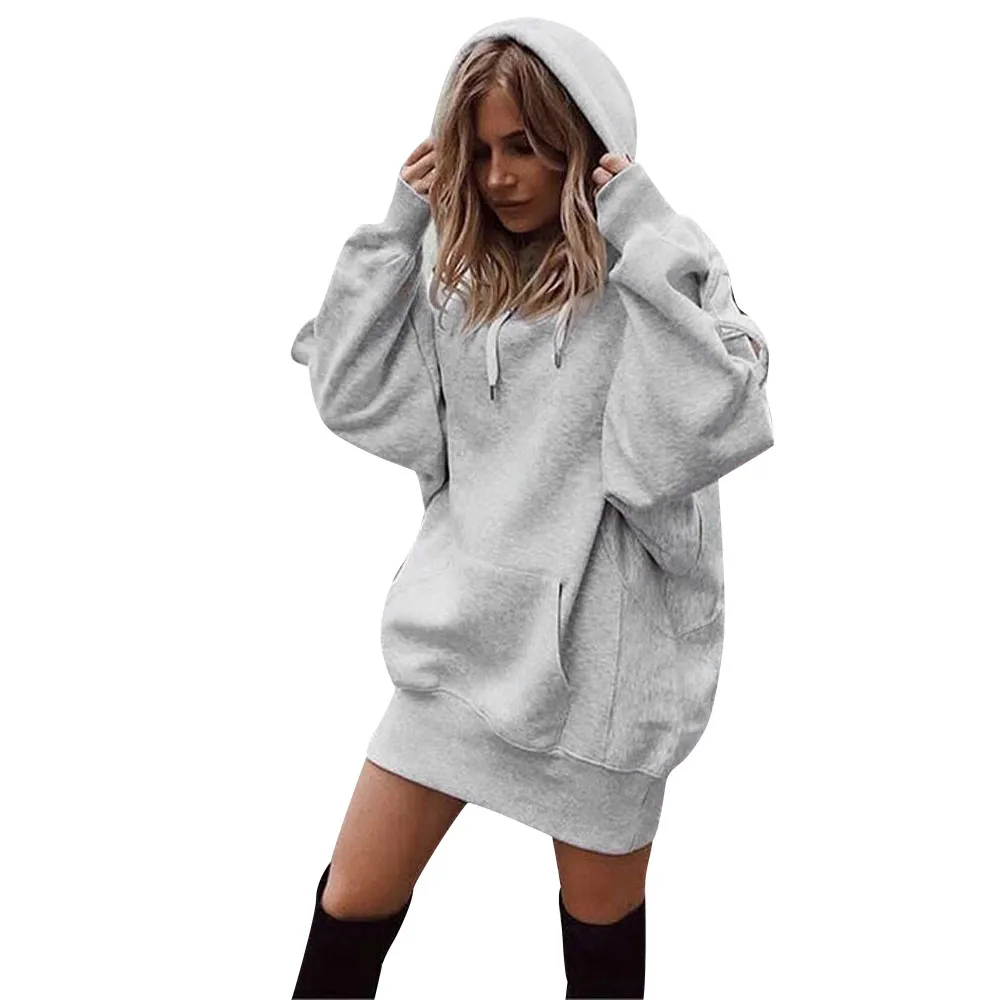 Sweatshirt mini Dress Women Hoodies Ladies Long Sleeve Casual Hooded Pullover Jumper oversized Sweatshirt Casual Clothe sudadera - Цвет: Серый