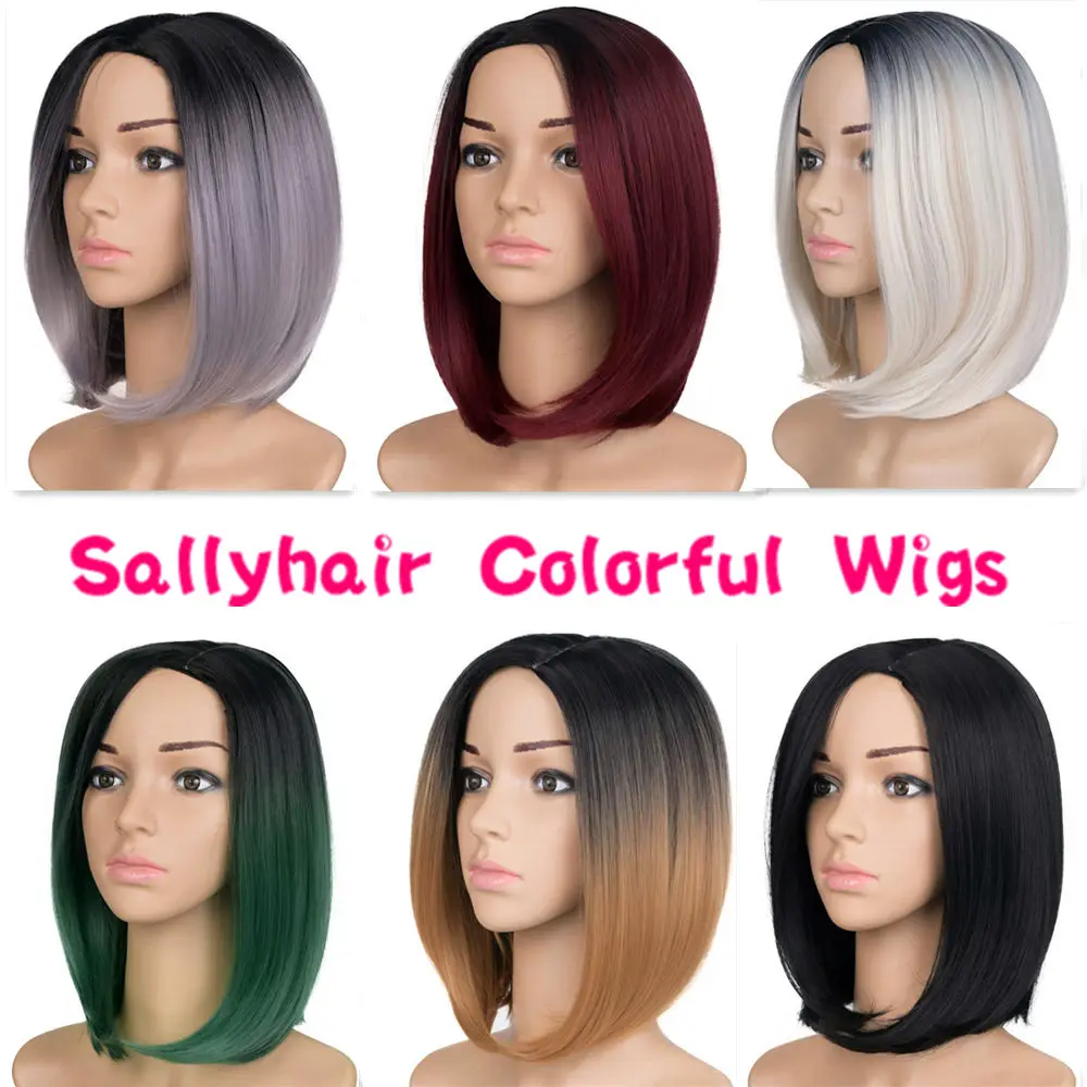 Sallyhair средняя часть 12 дюймов высокая температура Волокно синтетический короткий Омбре черный цвет красного вина прямой боб парик для женщин