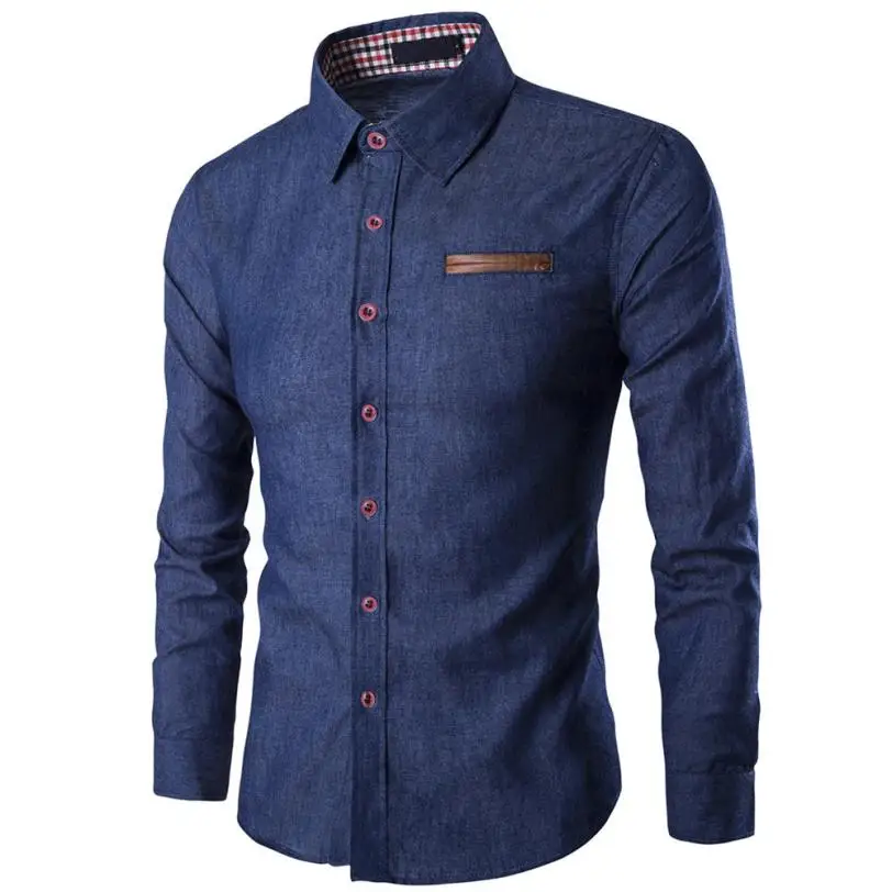 Feitong Мужская Повседневная рубашка с длинным рукавом, деловая приталенная рубашка, ковбойская блузка, топ, воротник-стойка, рубашки для мужчин# A30 - Цвет: Тёмно-синий