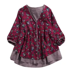 Для женщин высокое качество хлопок белье блузка топы с принтом дважды Слои свободные V шеи Блузка plus size printed модная блуза для ежедневного