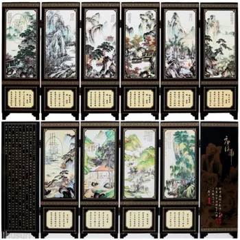 

Chinese Handmade Vintage Mountain&River Wooden Lacquer Six Pieces Folding Screen