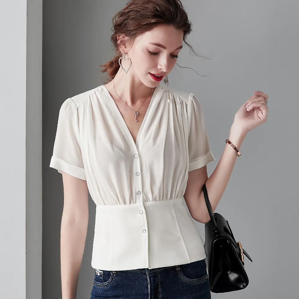 Tuniek V-hals 100% Zijden Blouses Zomer Wit Office Dames Tops Hoge Kwaliteit Vrouwen Kleding Zwarte Korte Mouw Vintage blusa Tuniek V-hals 100% Zijden Blouses Zomer Wit Office Dames Tops Hoge Kwaliteit Vrouwen Kleding Zwarte Korte Mouw Vintage blusa