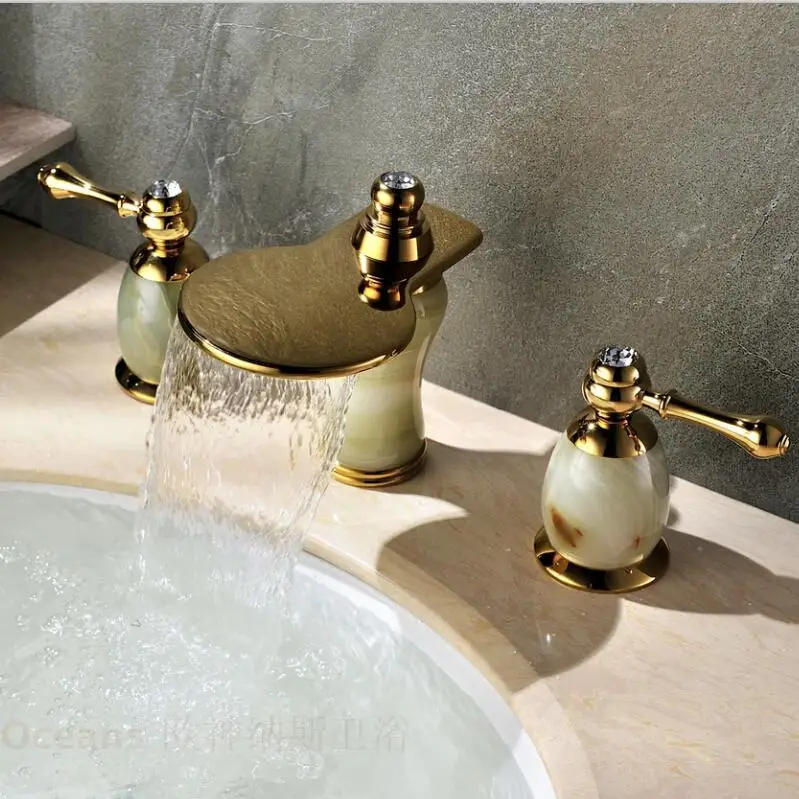 

European antique marble double the three-hole waterfall natural jade gold-plated copper basin taps full eight inches