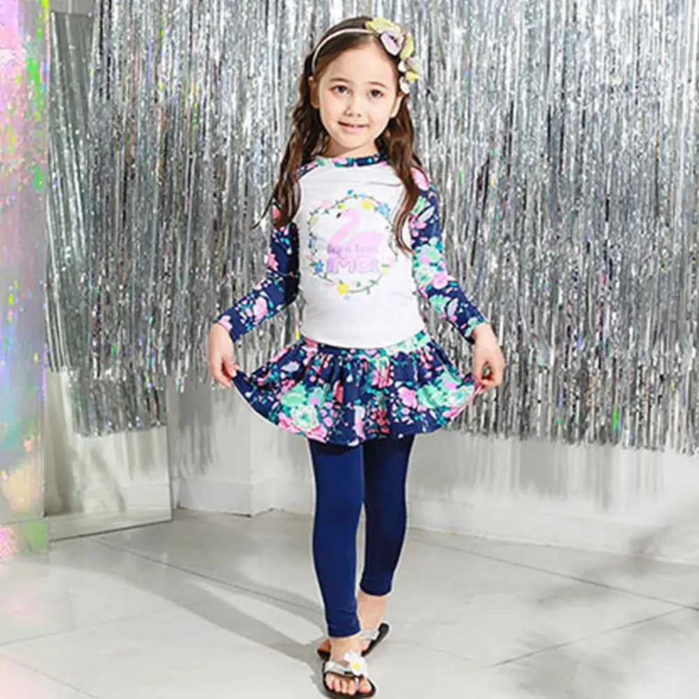 Kids Girls Cartoon Printing Quick Dry Long Sleeve Skirt Type Top Pants Muslim Swimwear Set Summer Beach Clothing Swimsuits