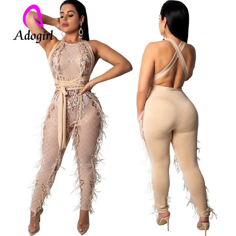 

Adogirl transparent feather jumpsuits cross over strap sleeveless long pants suits embroidery night club party jumpsuits
