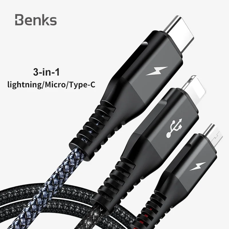 

Benks D25 3A Mobile Phone USB Cable for iPhone Fast Charging Cable 3 in 1 Micro USB Type C Cable For Samsung Huawei Xiaomi
