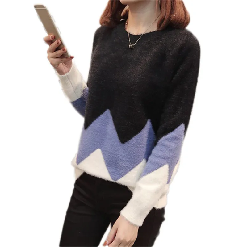 Spring Autumn Women Sweater 2019 New Color Matching Round Neck Pullover Fashion Short Knitted Loose Ladies Knitwear Lj82 | Женская