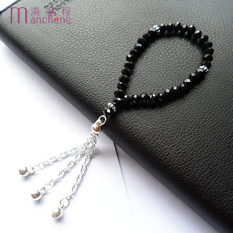 

New type girls black crystal rope chain charm bracelet,fine quality black religious tasbih prayer beads glass beaded necklace