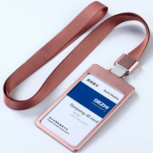 DEZHI High Gloss Business ID Card Holder with 1.5cm Neck Strap,Metal Name Card Case with Lanyard,Customize LOGO Badge Holder pink set