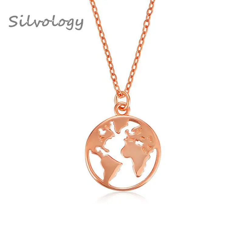 

Silvology 925 Sterling Silver World Map Necklace Gold My World Round Openwork New Pendant Necklace For Women 2019 Summer Jewelry