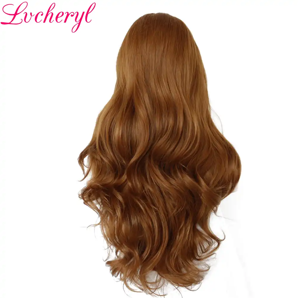 Lvcheryl Hand Tied Brown Color Long Natural Wave Type High Density Hair Heat Resistant Synthetic Lace Front Wigs Side Parting