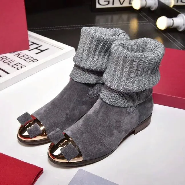 

2019 Hodgskin Autumn/Winter Butterfly-knot Knitting Women Mid-calf Boots Metal Toe Slip-on Flat Boots Women