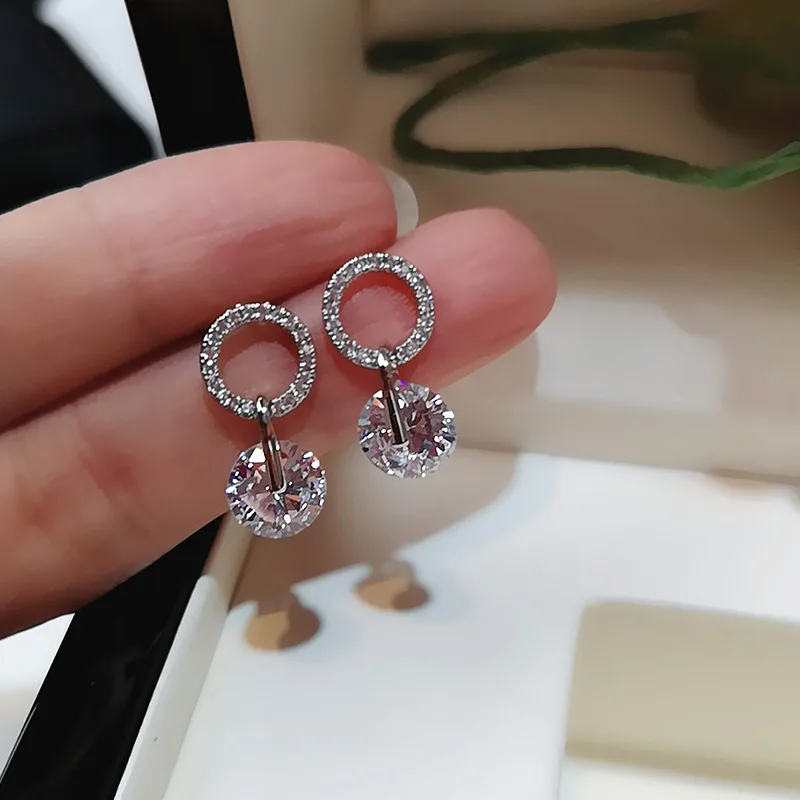redondos blancos de para mujer, joyería de boda de Color plateado, pendientes de circonita de doble cristal para mujer - AliExpress Joyería y accesorios