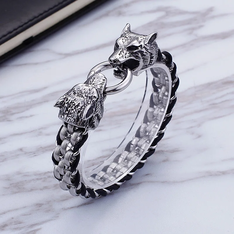 

New punk jewelry stainless steel double wolf head buckle titanium steel braided men's bracelet