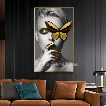 

Golden Butterfly Woman Modern Print Oil Paintings Wall Art Picture on Canvas Cuadros Decoracion for Living Room Wall Home decor