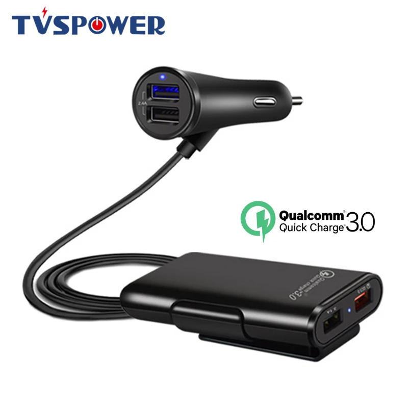 

Multi USB Port QC 3.0 Backseat Clip Car Charger Extension Cord Long Cable For Iphone Rear Back Seat Vehicle Quick Charge Adapter