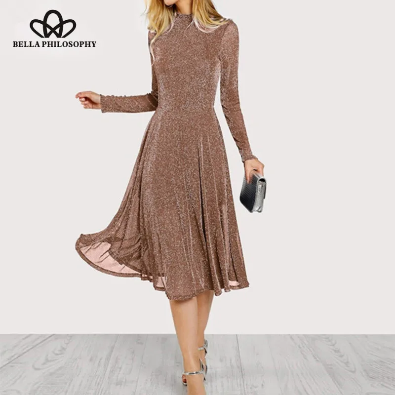 Wonder 2019 new Spring Draped A-Line Dress Glitter Button Fit And Flare Evening Party Dress Vintage Sexy Lady Casual Midi Dress